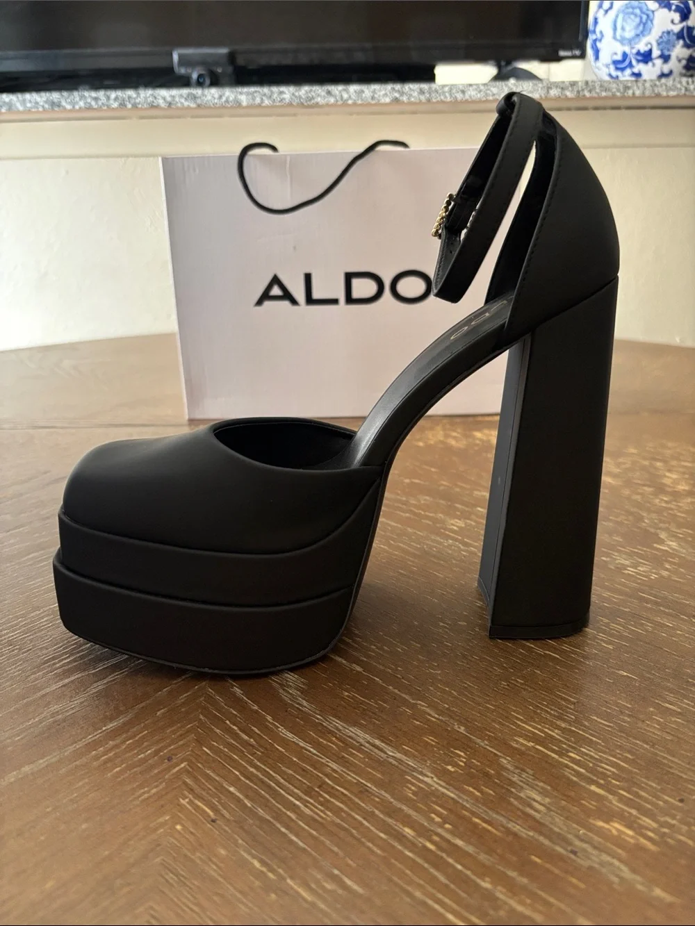 ALDO Grandle double-platform block-hell square toe rhinestone strap 6” heels